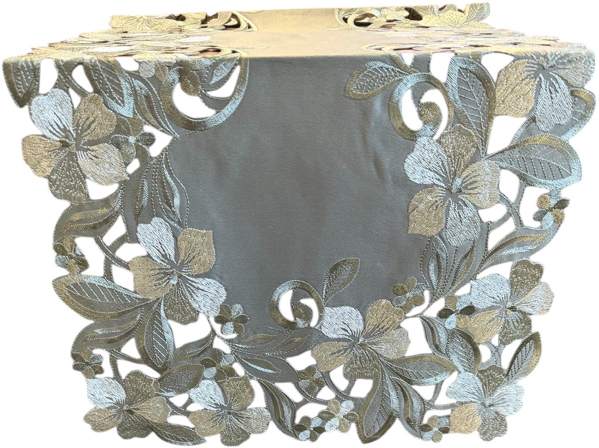 Tafelloper -Olijfgroen met geborduurde bloemen - 40 x 85 cm