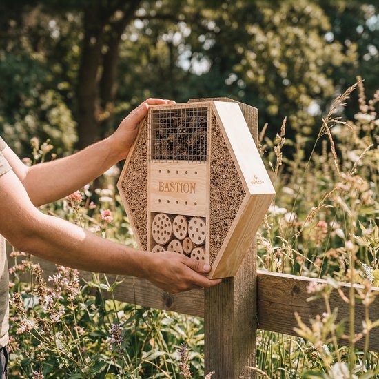 Mannenhanden houden een hexagonaal houten insectenhotel vast aan een houten paal, omringd door groen.