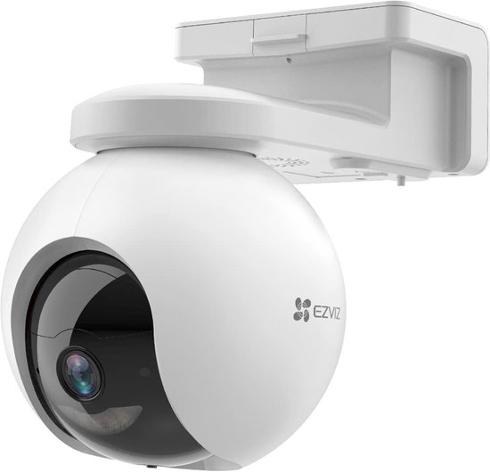 Witte beveiligingscamera met 360° Pan & Tilt, gemonteerd op een muur.