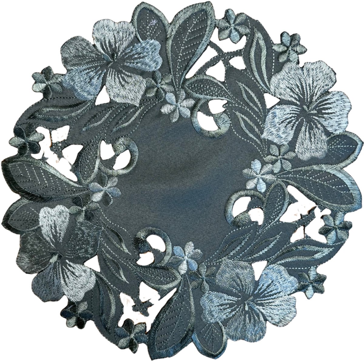 Tafelkleed – Olijfgroen met geborduurde bloemen – rond 30 cm