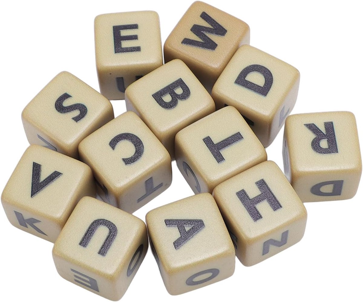 Dobbelstenen Woordspel - Letterdobbelen Set - Creatief Spel - 12 Gegraveerde Dobbelstenen - 19cm Dobbelstenen - Zilveren Etui