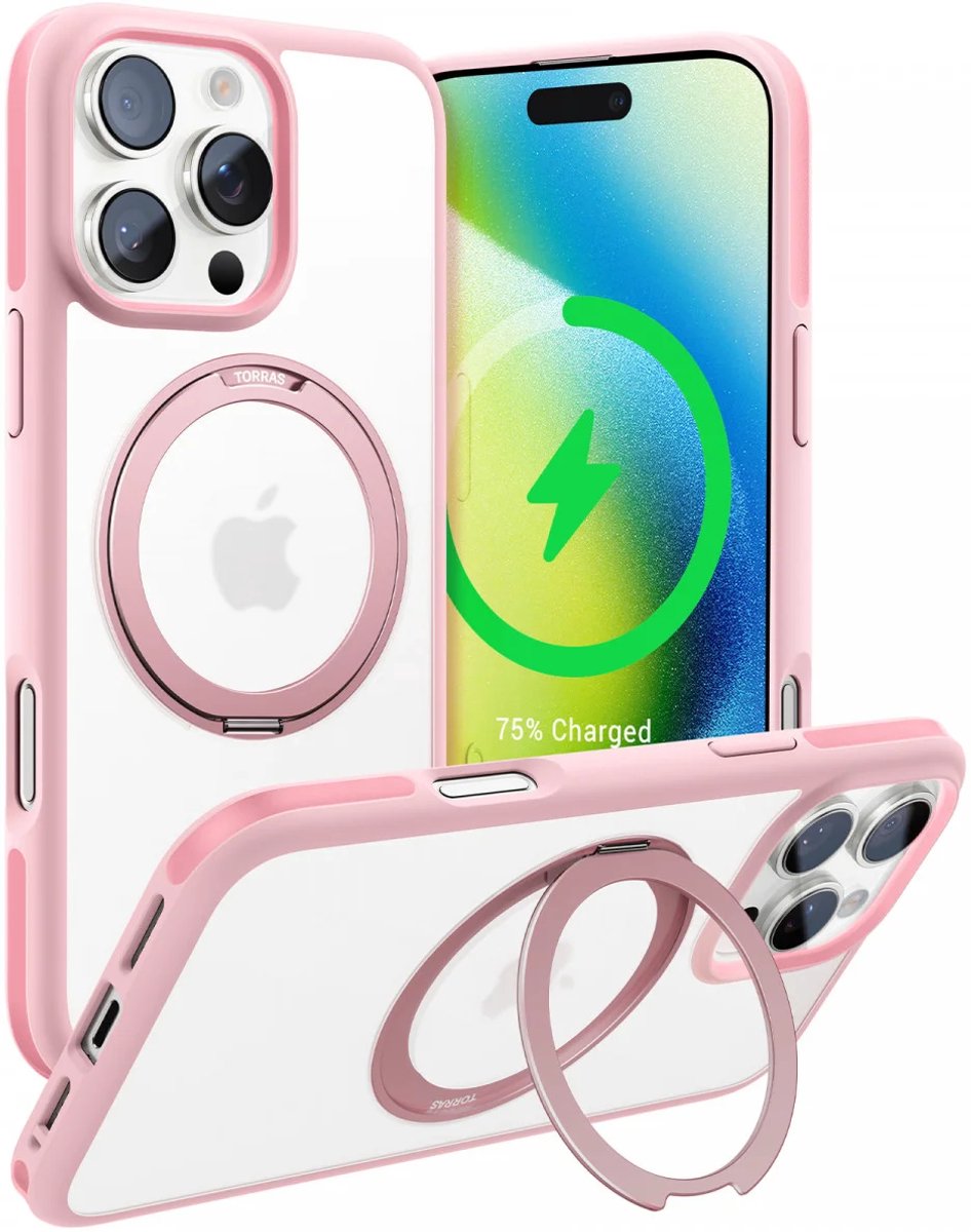 TORRAS Hoesje Geschikt voor Apple iPhone 16 Pro - UPRO Ostand R Fusion - Compatibel met MagSafe - 360° Draaibare Standaard - Back Cover Kickstand Ring - Roze