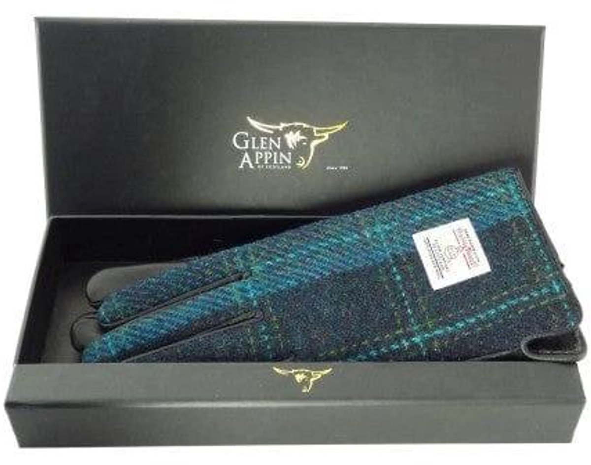 Dames Handschoenen Blauw en Turquoise Ruit met Zwart Leer - Harris Tweed - Glen Appin of Scotland S