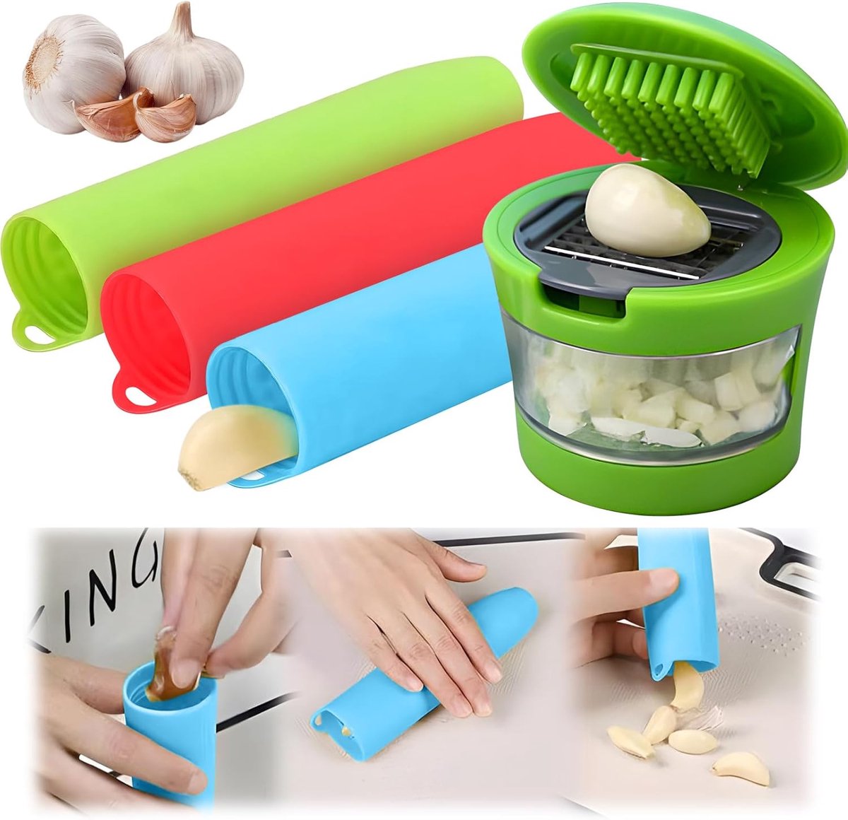 Knoflook Gereedschap - Keuken Gadgets - Snel Knoflook Bereiden - 4-delige Set - Groen