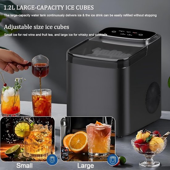 IJsblokjesmachine Aanrecht - Pelletijsmachine - Zelfgemaakte Drankjes - Zelfreinigende Functie - 23.5 x 30.2 x 30.5 cm - Zwart Wit — afbeelding 4
