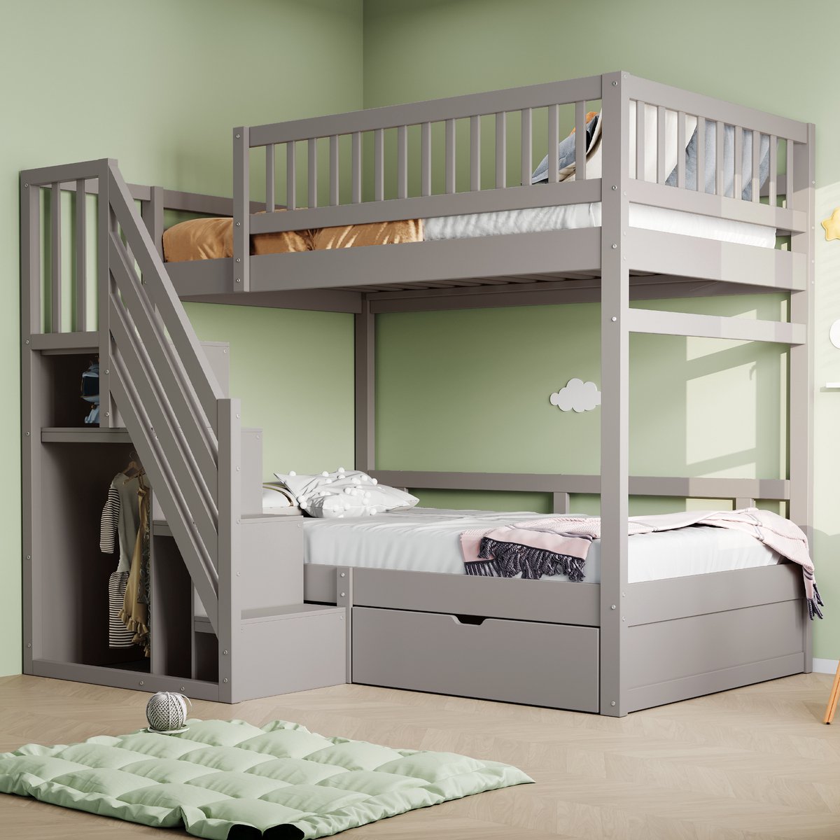 REDOM Stapelbed – Met opbergtrap & opberglades – Modern design – Hout – Grijs – 90 x 200 cm