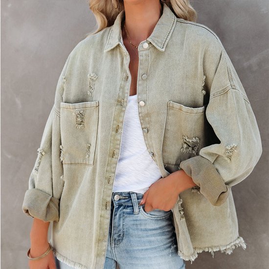 Dames Kraag Lange Mouwen Vintage Street Style Versleten Frayed Denim Jas