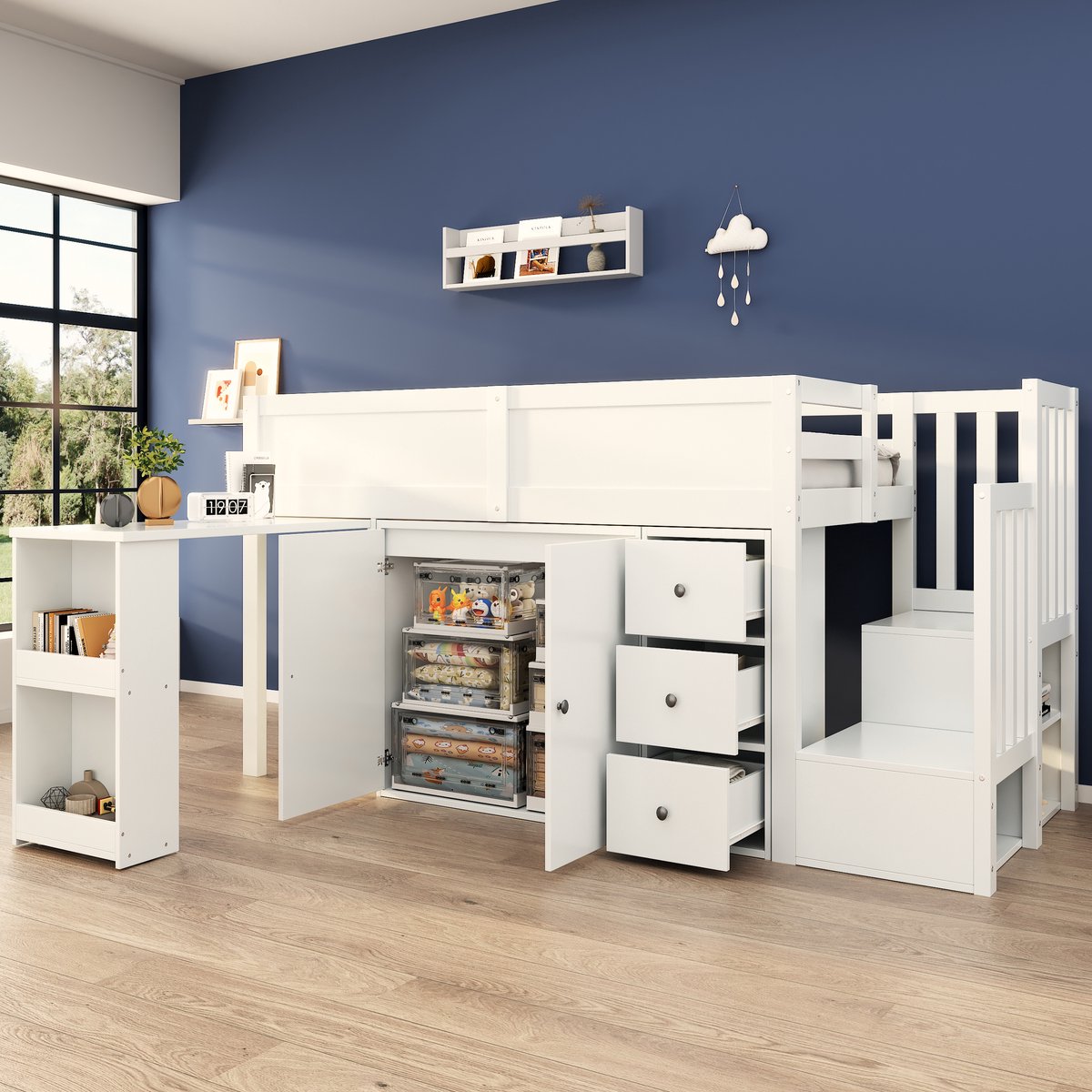 REDOM Hoogslaper 90x200 cm – Wit MDF – Uitschuifbaar Bureau – Trapkast, Kasten & Lade – Compleet Opbergsysteem – 136 kg