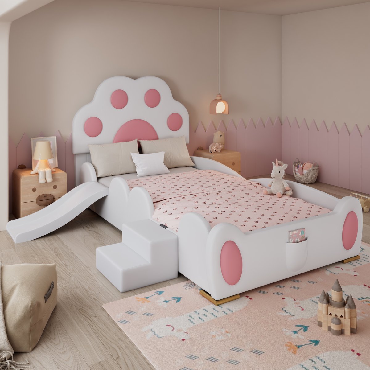 REDOM kinderbed 90x200 cm – PU wit/roze – Kattenpoot hoofdbord, glijbaan, tweestapsladder – 150 kg Roze+Wit