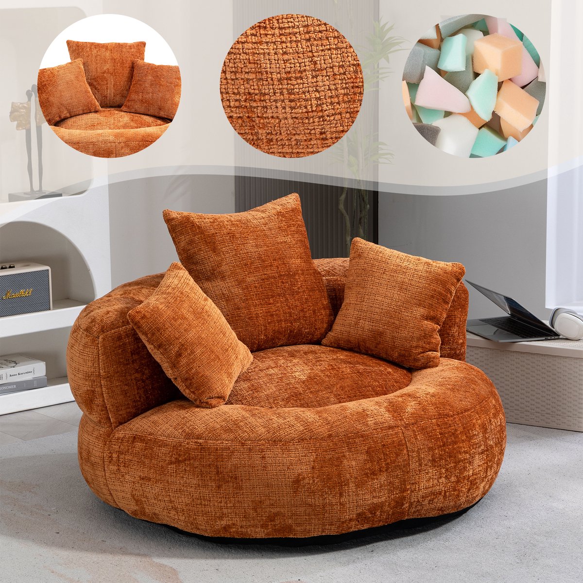 Lazy Sofa Duurzame Comfortabele Lounger Zitzak met Hoge Rugleuning en Drie Kussens voor Volwassenen en Kinderen, Binnen & Buiten, Eenpersoons Gaming Sofa Stoel voor Slaapkamer, Kantoor (Oranje Chenille)