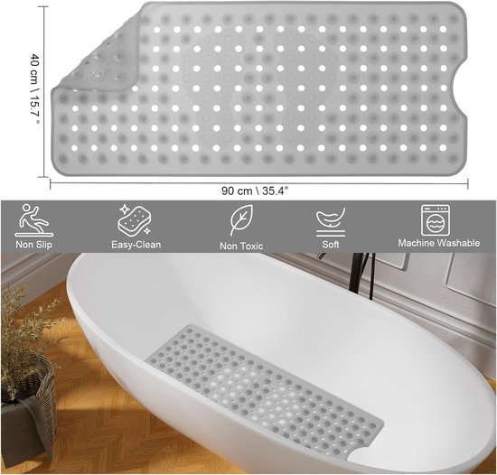Douchemat Antislip - Badmat Zacht - Veilig Douchen - Sterke Zuignappen - 90x40 cm - Transparant Grijs — afbeelding 4