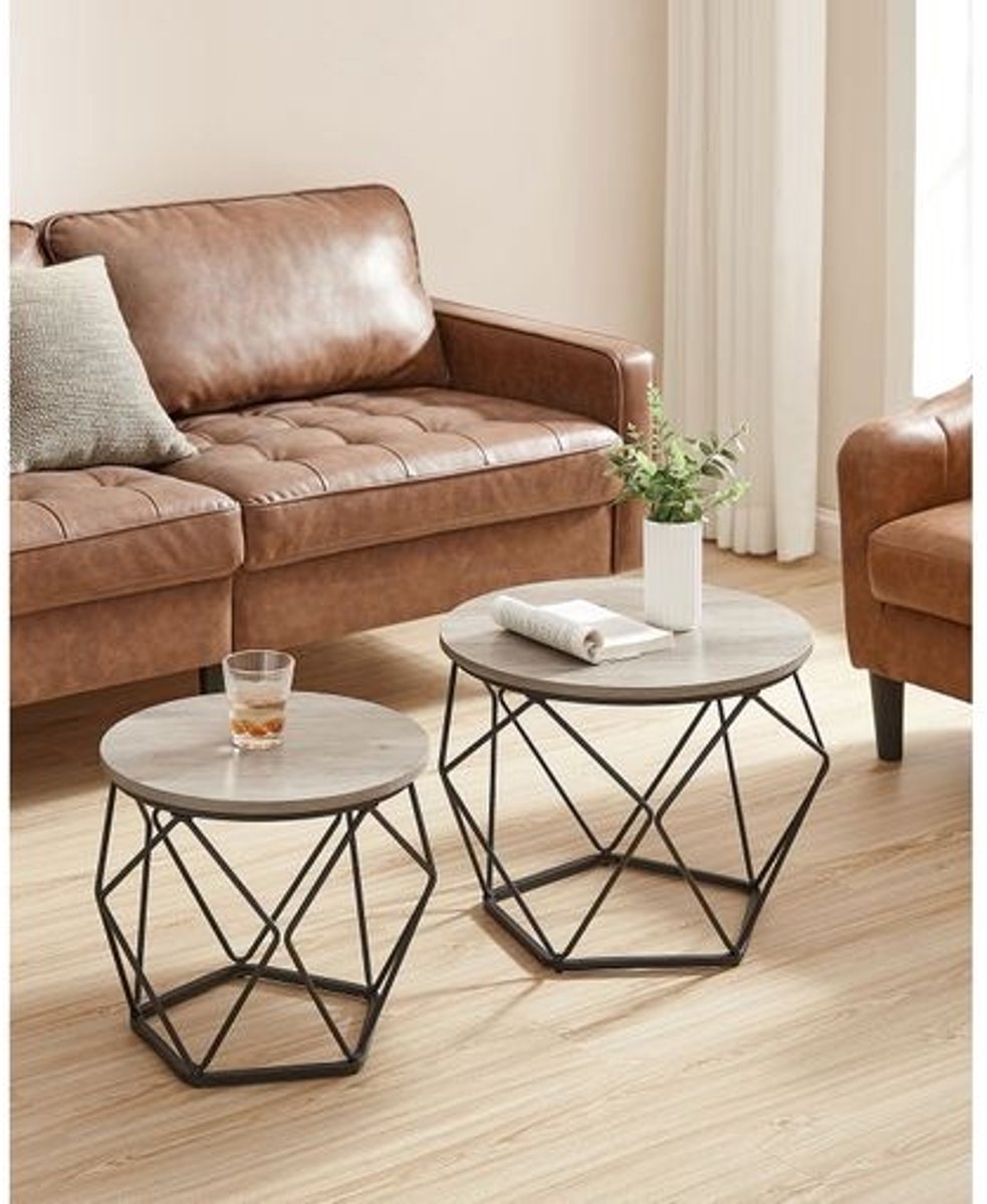 Parya Home Bijzettafel, set van 2, salontafels, banktafel met mandfunctie, gedekte tafel, geometrisch, stalen frame, voor woonkamer, slaapkamer, grijs-zwart