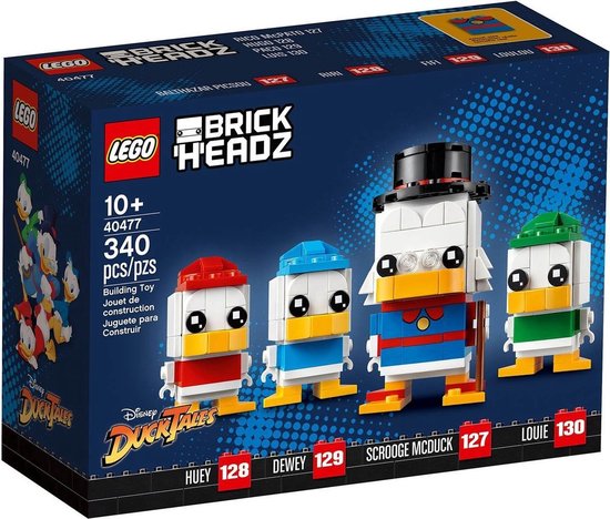 LEGO BrickHeadz van Dagobert Duck, Kwik, Kwek en Kwak met hun kenmerkende kleding.