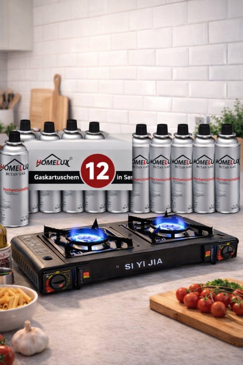 Draagbaar 2 pits gasstel campingkooktoestel cooker met 12x butaangas – Perfect voor noodsituaties, outdoor, caravan en kamperen, inclusief 2 branders, gaspit, campeergas, gasstove en portable cooker,