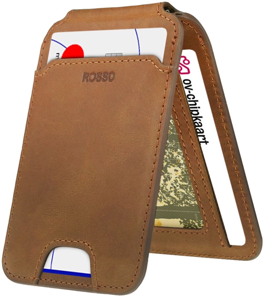 Rosso Deluxe Echt Leer Kaarthouder Compatibel met MagSafe - Magnetische Pasjeshouder - Echt Lederen Portemonnee voor Zes Pasjes - Bruin