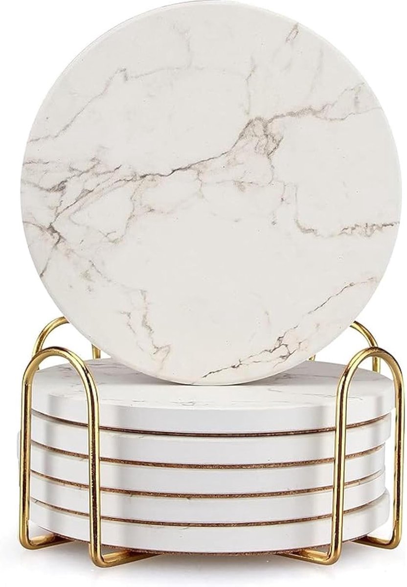Witte Marmeren Coaster Set - 6 Stuks met Houder voor Drinken