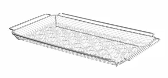 Zilverkleurige ovenmand met golvende bodem en metalen handvatten.