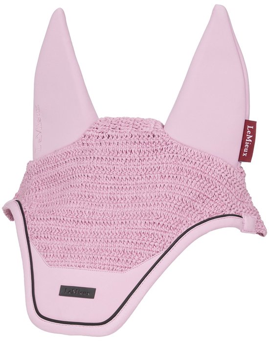 Roze LeMieux oornetje met gehaakt patroon en oren van zachte stof, voorzien van merklabel.