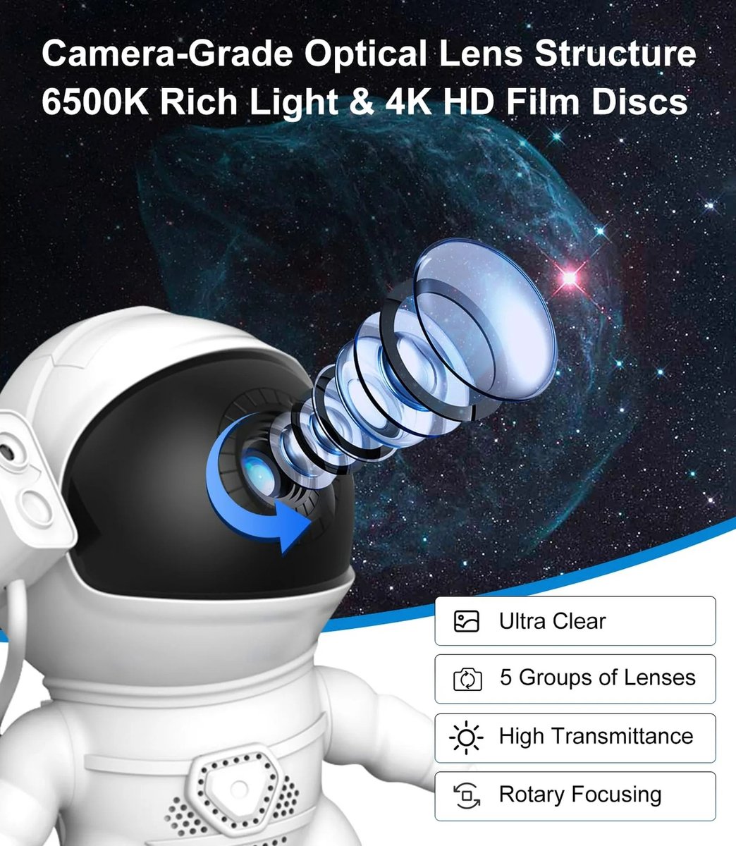 Graboo® Galaxy Projector Astronaut – Sterrenhemel Lamp – 13-in-1 – Met Timer – 13 films – 360° verstelbaar – USB-C – foto 3