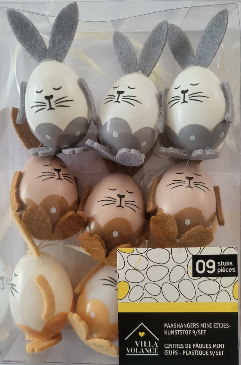 9 grijze en beige Paashangers voor in de paasboom - paaseieren met gezichtjes - paasdecoratie paasei hangers voor Pasen - paasversiering paashaasjes