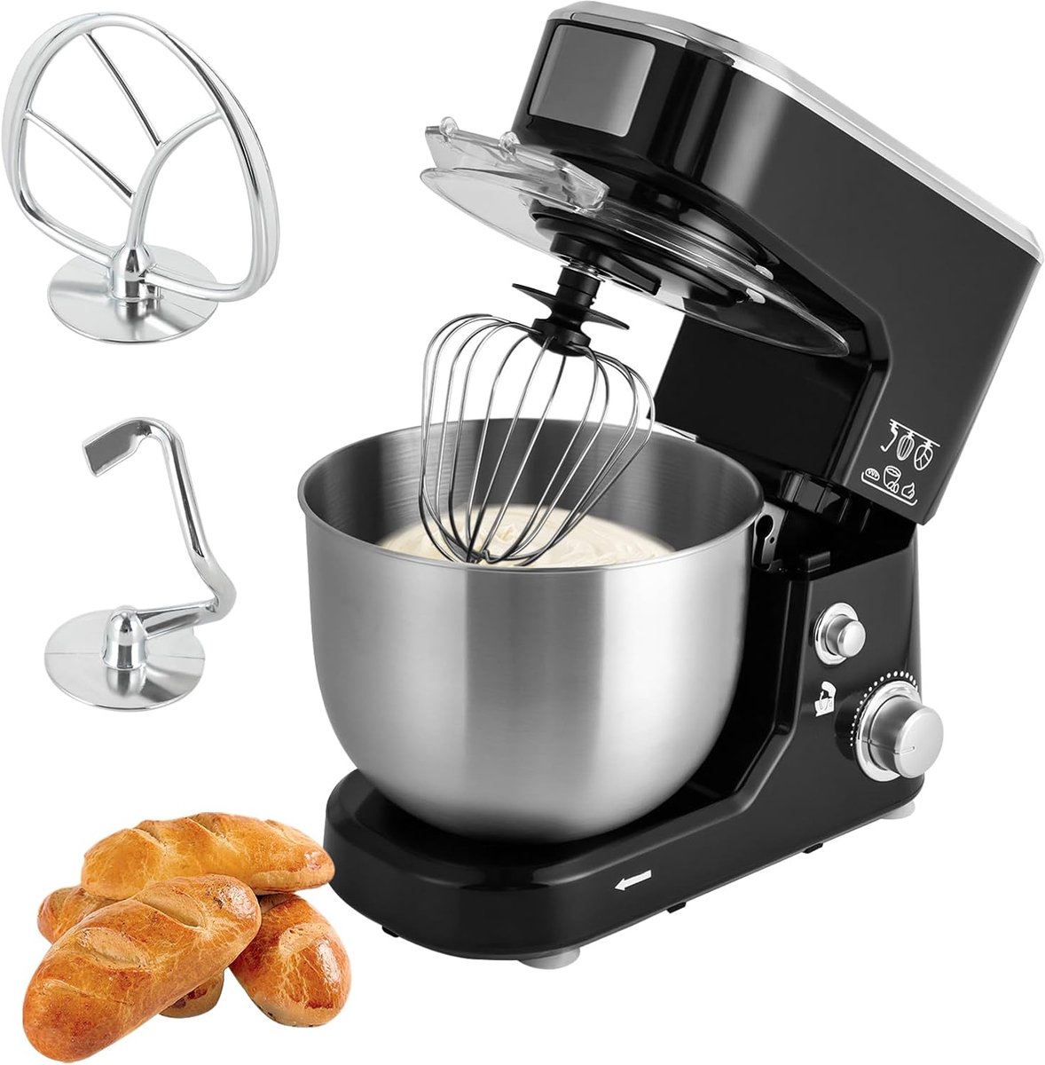 Keukenmachine - Elektrische mixer - Bakken en mengen - Krachtige 1000 Watt motor - 5 Liter kom - Zwart en zilver