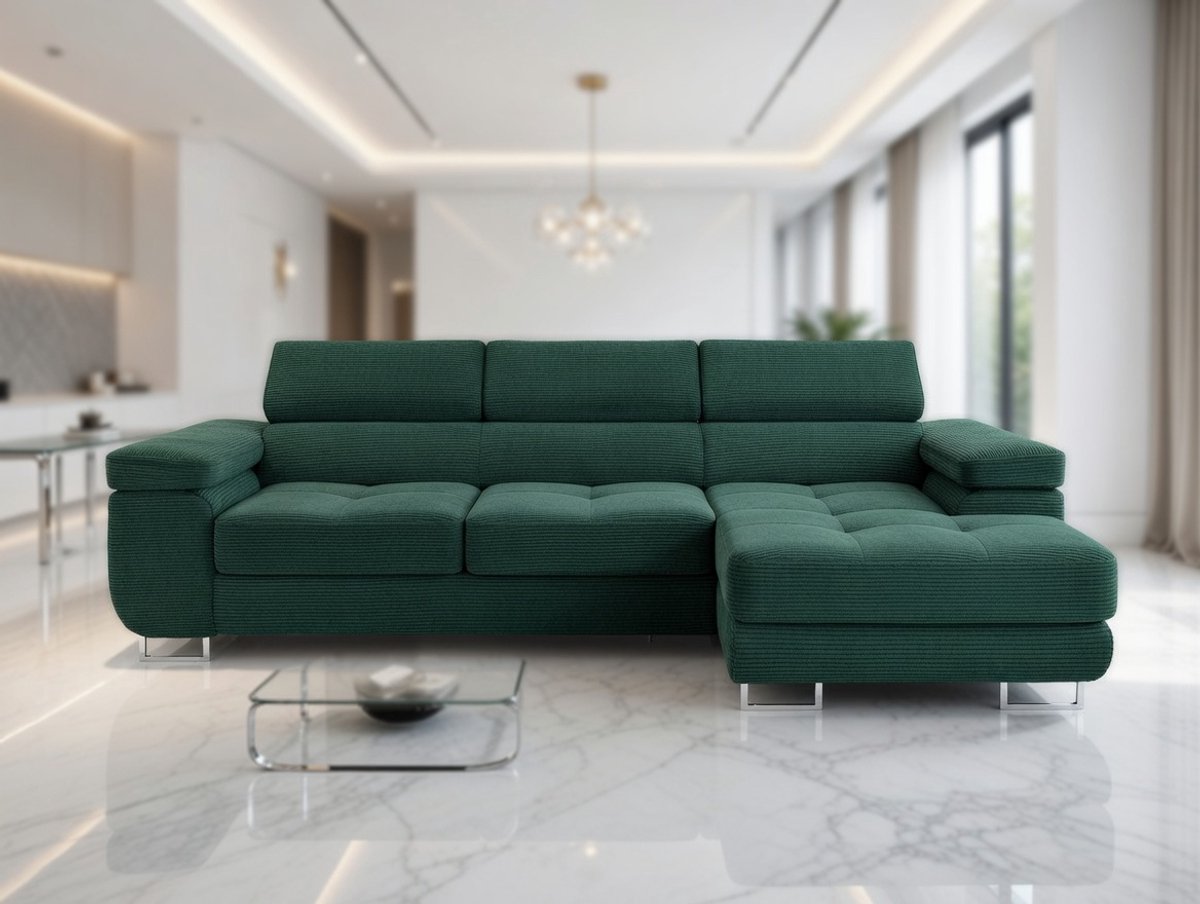 Luxe Uittrekbare Hoekbank APIRO Comfort – Groen – 4-Zits Hoekbank met Slaapfunctie en Opbergruimte – NoviHome