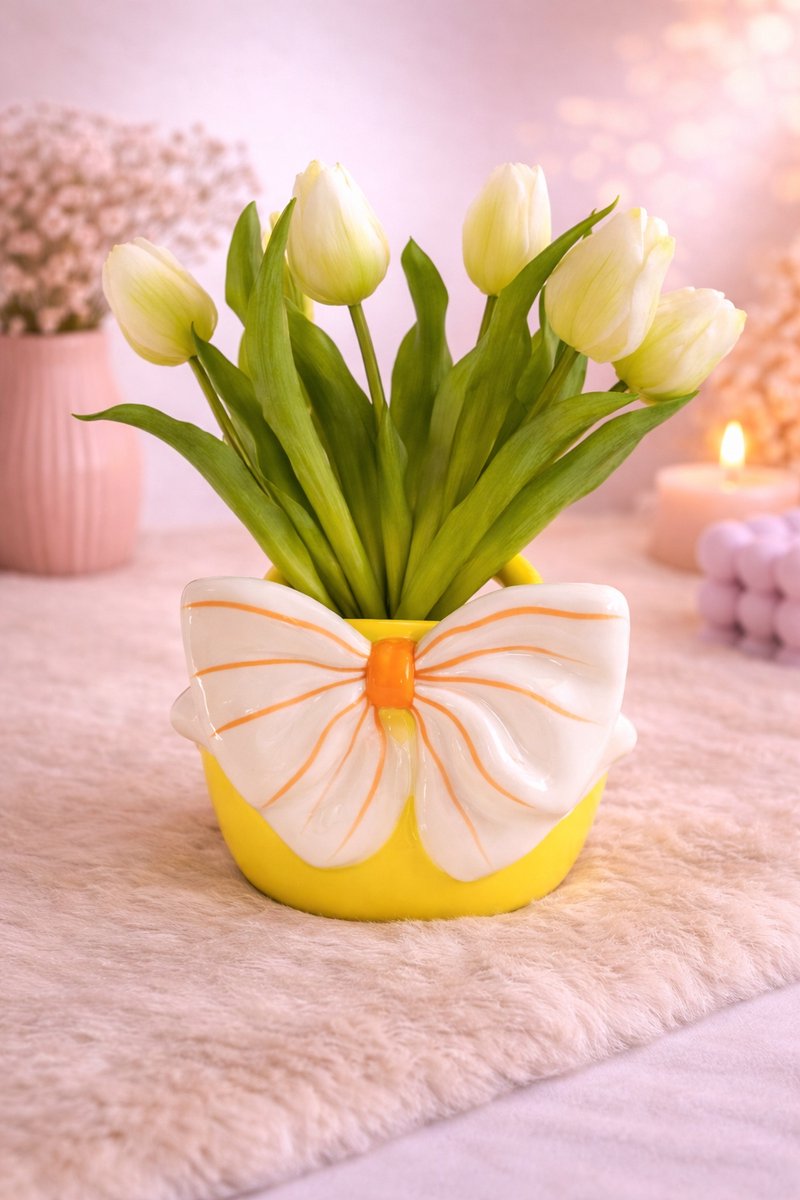 Vaas ‘Big Bow Energy’ – Vrolijk, Vrouwelijk & Vol Flair | Viva Femme | Vaas | Decoratie | Cadeau | Wonen | Bloemen | Lente | Geel