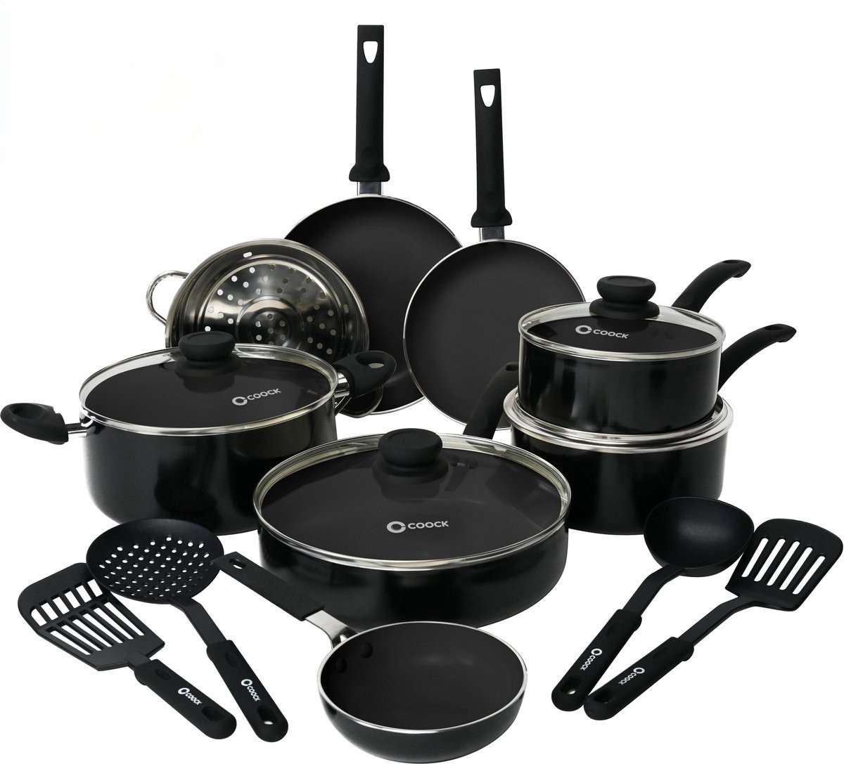 Bol.com COOCK 22-Delige Pannenset Inductie - Speciale Anti-Aanbak Coating - Ergonomische Koudgrepen - Gerecycled Aluminium - koe... aanbieding