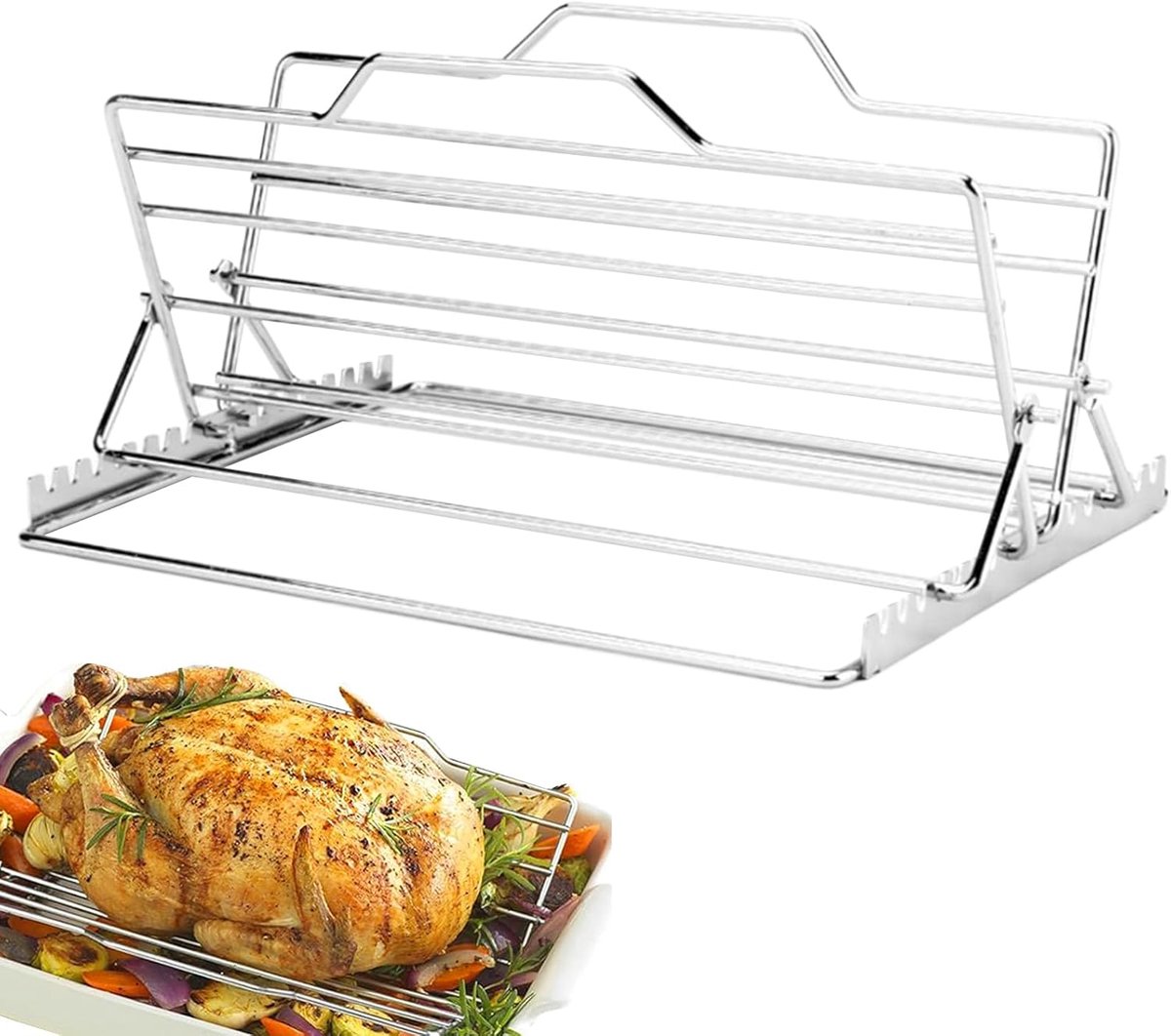 Kippenrek RVS - Grill Rack - Geroosterde Kip - Verstelbare Posities - 24.7 cm - Zilverkleurig