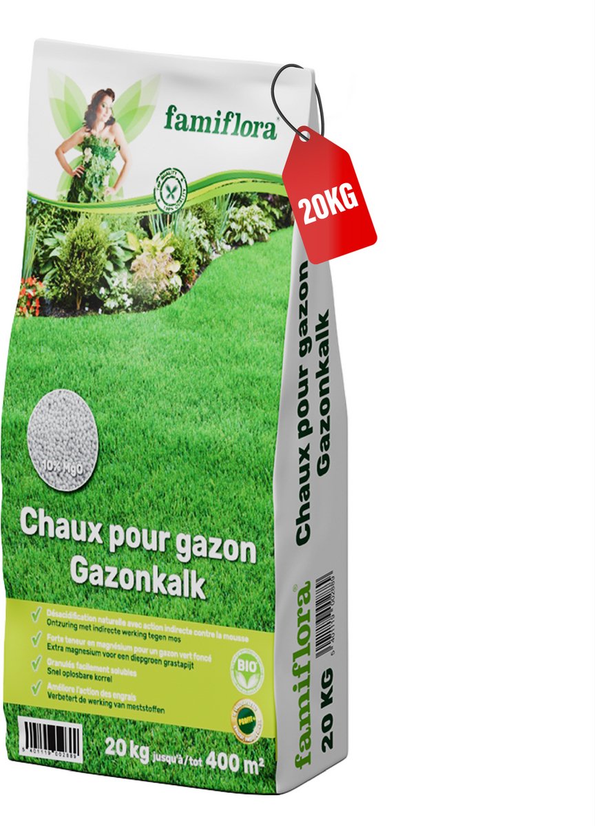Famiflora Gazonkalk 20 kg tot 400 m² (Bio) met magnesium voor donkergroen gazon - Kalk voor Gazon - Werkt indirect tegen mos - Snel oplosbaar - groenkalk