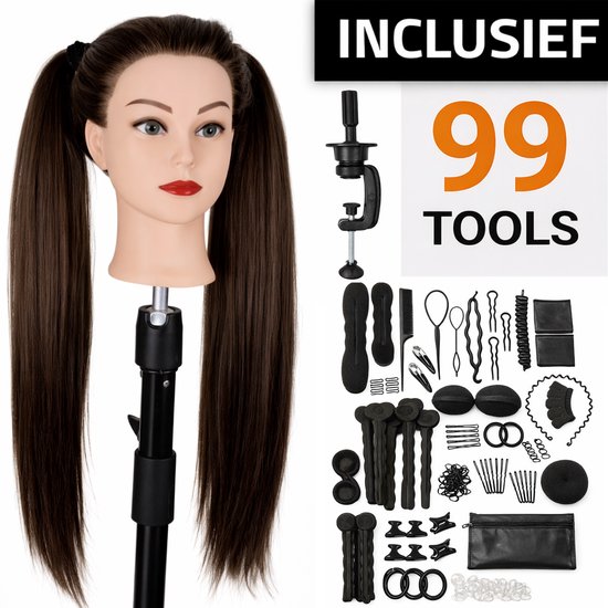 Kaphoofd - Kappershoofd 70 cm met statief - 99 accessoires - Donkerbruin - Elements Collection Tess