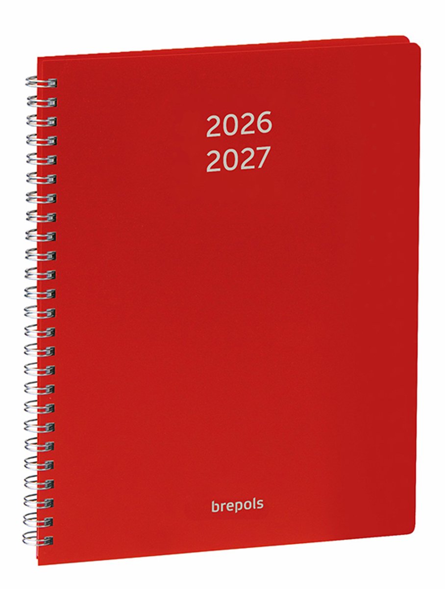 Brepols agenda 2026-2027 - Prevision POLYPROP - Schoolagenda - 1 week op 2 pagina's - Wire-O - Weekoverzicht - Rood - 17.1 x 22 cm
