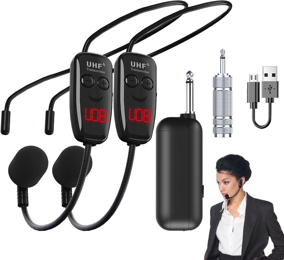 Draadloze Microfoon Set - Hoofdtelefoon Microfoon - Presentaties Lezingen - UHF Draadloze Technologie - 50 Meter Bereik - Zwart