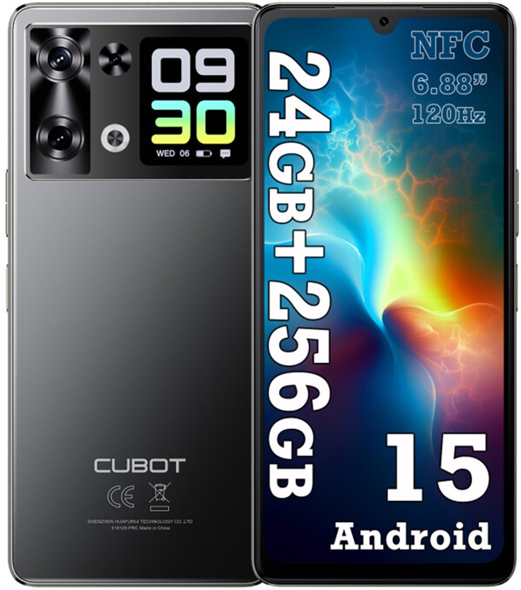 CUBOT P90 Smartphone - 24GB RAM - 256GB ROM - 5100 mAh - 6,88 inch 120 Hz- Android 15 - Dual SIM 4G - 64MP+16MP - NFC - GPS - Face ID - Zwart