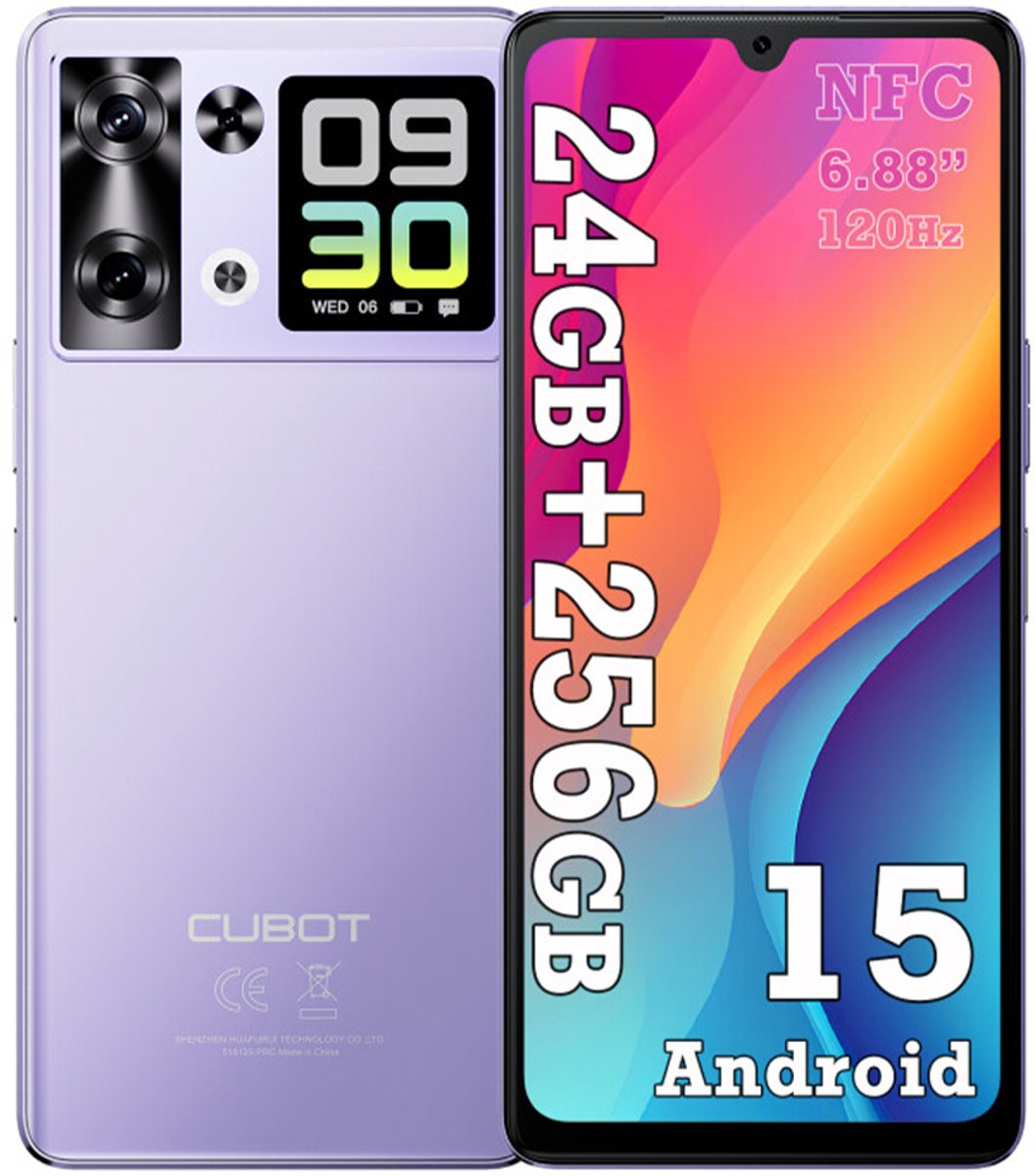 CUBOT P90 Smartphone - 24GB RAM - 256GB ROM - 5100 mAh - 6,88 inch 120 Hz- Android 15 - Dual SIM 4G - 64MP+16MP - NFC - GPS - Face ID - Paars
