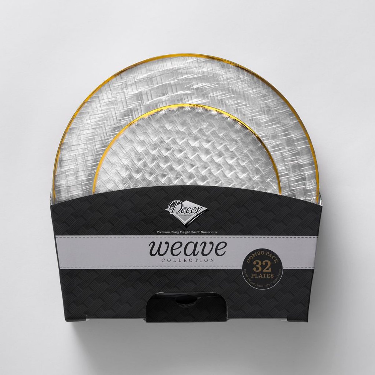 Decorline -32 Luxe herbruikbaar kunststof Party Set Transparent & Goud Herbruikbaar Plastic Serviessets - Weave Collection. Duurzaam Plastic Serviesgoed voor Kerstmis,Bruiloften, Verjaardagen en Partys.