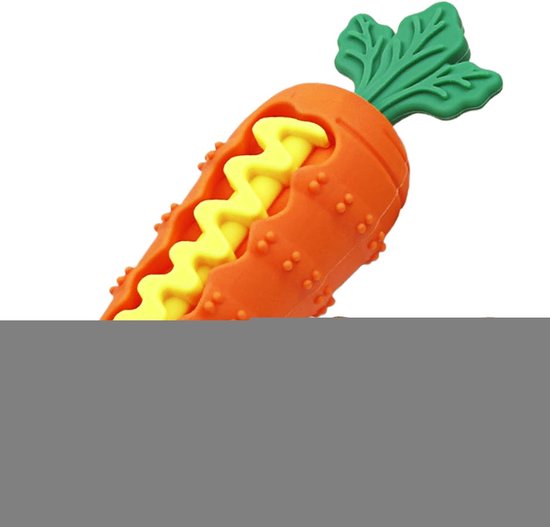 Oranje wortelspeeltje met groen blad, geel zigzag-element en noppen aan de buitenkant.
