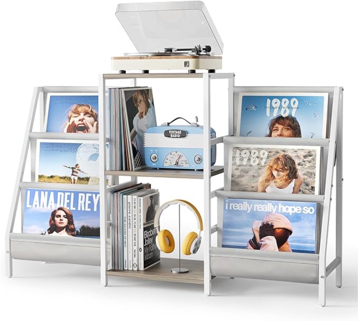 Verte Platenspeler Meubel - Platenkast met Opbergruimte voor Platenspeler – Tafelmodel Kast voor Platenspeler met Vitrine – Geschikt voor 300 lp’s – Mediaconsole met CD-Rek voor Vinyl – Stereo & Platenspeler – Wit