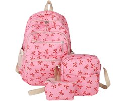 Schooltas - Rugtas - Tas - Rugtas Meisje - Schoolrugzak - 3-Pack Schattige Strik-Rugzakset - Esthetische Strik-Schooltas voor Dames en Meisjes - Grote Capaciteit Bedrukte Tas - voor Reizen, School, Woon-Werkverkeer - Roze rood