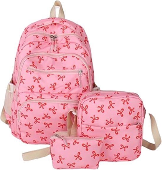 Schooltas - Rugtas - Tas - Rugtas Meisje - Schoolrugzak - 3-Pack Schattige Strik-Rugzakset - Esthetische Strik-Schooltas voor Dames en Meisjes - Grote Capaciteit Bedrukte Tas - voor Reizen, School, Woon-Werkverkeer - Roze rood