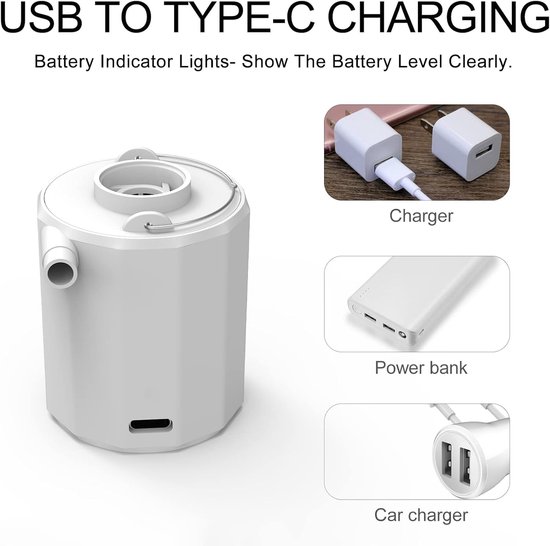 3-in-1 luchtpomp - Luchtpomp & luchtcompressor & lantaarn - met 5 mondstukken - USB oplaadbare zakpomp/opblaaspomp - voor luchtbed / zwemring / vacuumzakken kleding - Wit — afbeelding 3