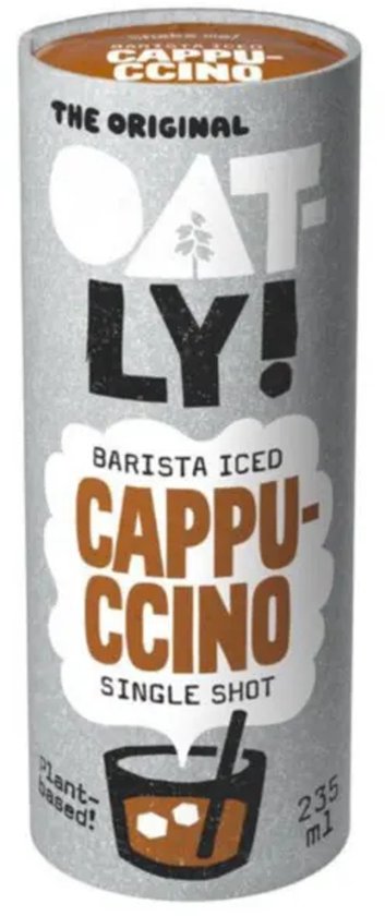 Oatly Barista Iced Cappuccino Single Shot drankje in een grijze kartonnen verpakking met zwarte en oranje letters. Met een illustratie van een glas met ijs en een rietje.