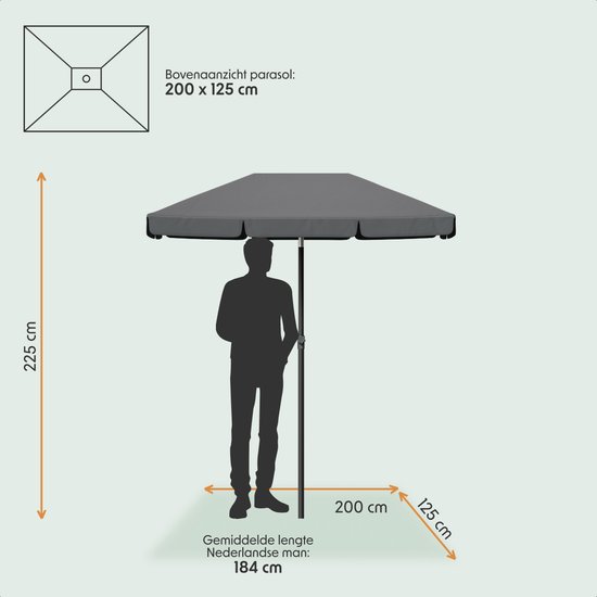 Afmetingen van donkergrijze parasol: 200x125cm breed, 225cm hoog. Met silhouet van Nederlandse man (184cm).