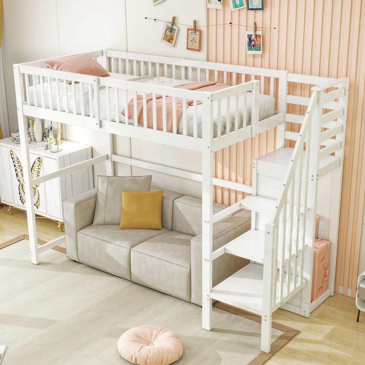 MODFU Luxe Hoogslaper met Opbergtrap & Kledingkast (90x200) - Ruimtebesparend Kinderbed - Massief Hout - Wit