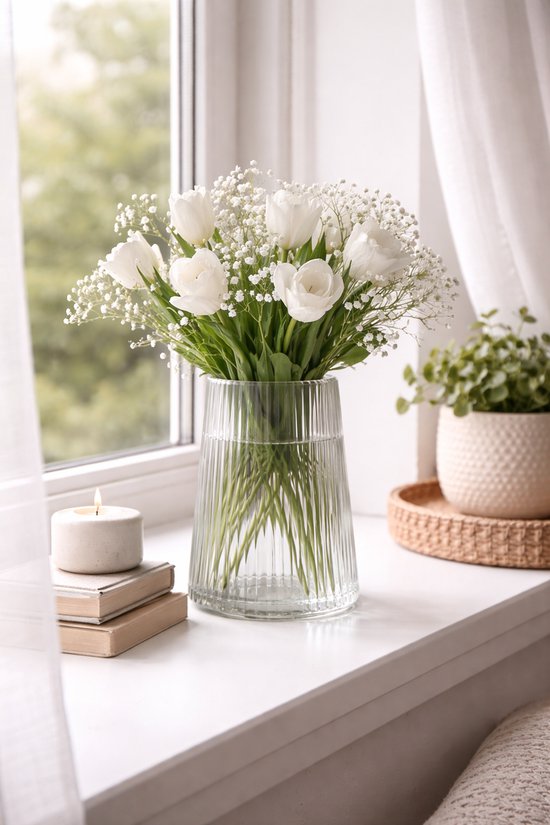 Grijze Glazen Vaas met Ribbelstructuur – Ø13 x H20 cm – Moderne Bloemenvaas voor Boeket of Enkele Takken – Decoratieve Design Vaas voor Woonkamer, Tafel en Dressoir