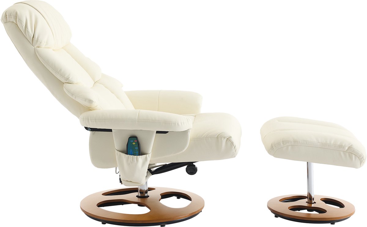 Luxe Relaxfauteuil met Massage en Verwarming - Verstelbaar met Voetenbank - 360° Draaibaar - Wit Kunstleer – foto 6