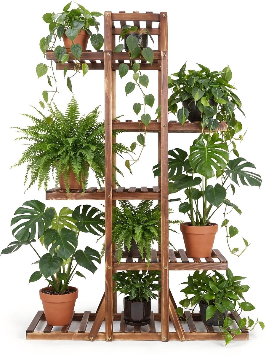 unho Houten Plantenrek met 6 Niveaus - 131cm - Bloementrap voor Binnen & Buiten - Duurzame Plantenstandaard - Decoratieve Bloempot Houder - Bruin