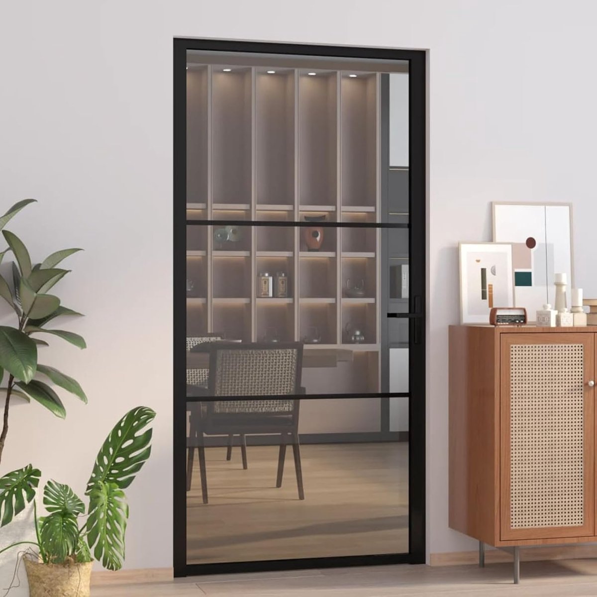 Binnendeur met ESG Veiligheidsglas en Zwart Aluminium Kozijn