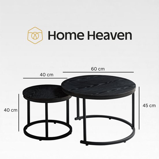 HeyHeaven® Table d'Appoint Ronde Imprimé Bois Zwart - Table Basse 2 Pièces - Tables basses Ronde Ø60 Ø40