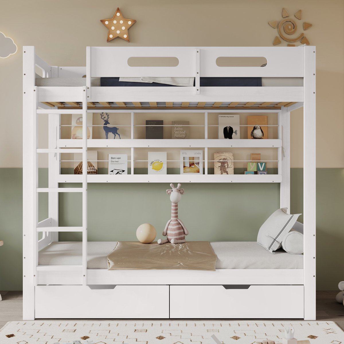 Clruro Stapelbed - 90x200 cm - met 2 Lades en Open Plank - inclusief Ladder - Grenen en MDF - Wit